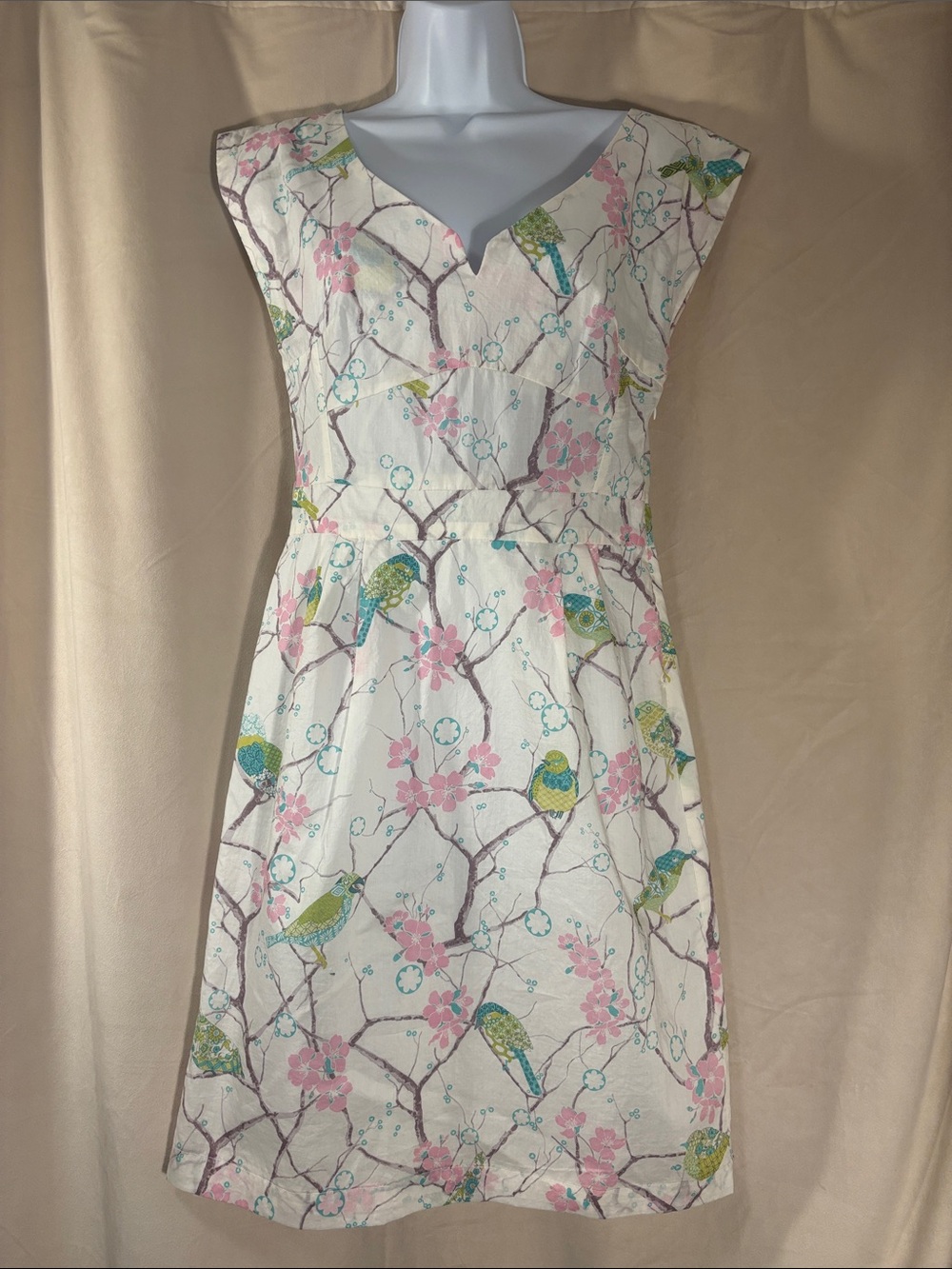 Vintage Mon Petit Oiseau Floral Bird-Print Cap-Sleeve Dress Y2K 2000’s